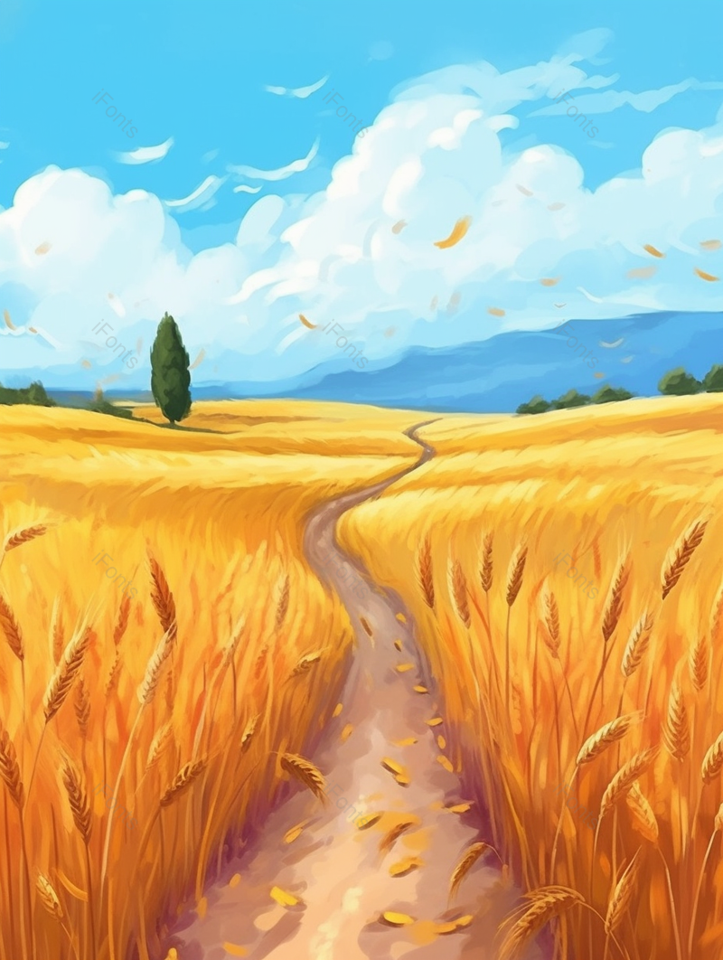 秋日乡间小路旁随风飘起的成熟的金色麦穗手绘插画壁纸,插画/手绘图,插画/手绘图库,插画/手绘图下载,插画/手绘